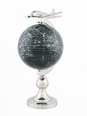 World Globe with Airplane on Tabletop Stand - Black/Nickel Finish
